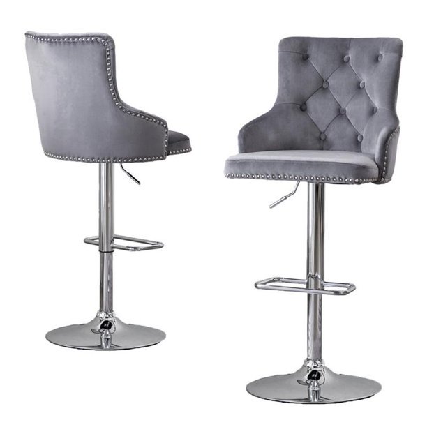 Tufted Velvet Upholstered Adjustable Bar Stool in Dark Grey, Set of 2, Dark Grey. Picture 1