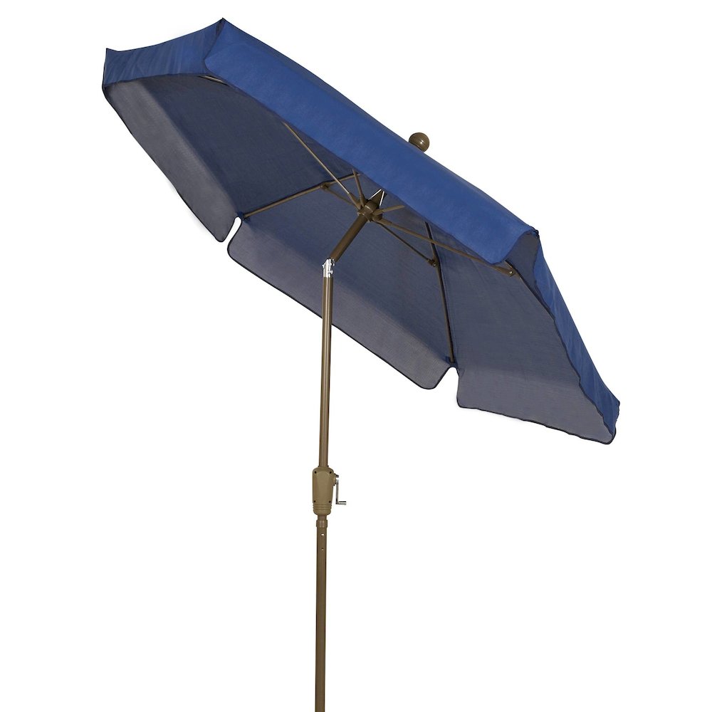 7.5' Hex Home Garden Tilt Umbrella 6 Rib Crank Champagne Bronze with Navy Blue Vinyl Coated Weave Canopy. Picture 1