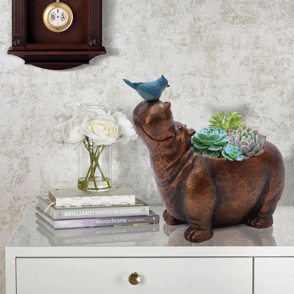 Brown Hippo and Blue Bird MgO Flower Pot Planter. Picture 11