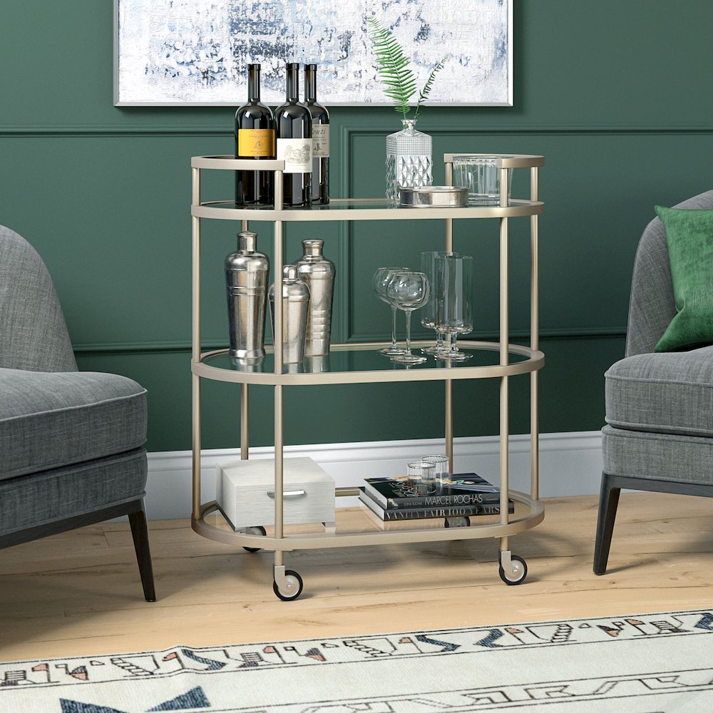 Leif 30'' Wide Oval Bar Cart in Satin Nickel. Picture 6
