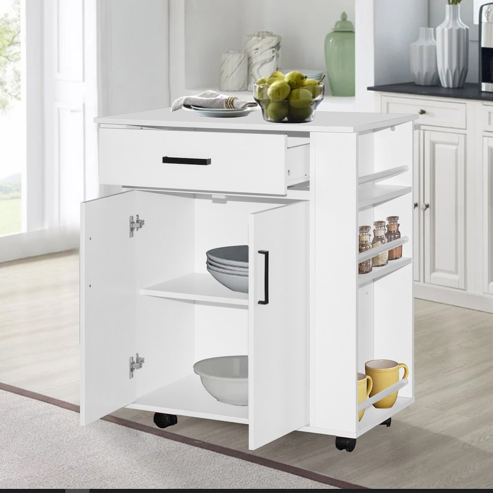 Better Home Products Shelby Rolling Kitchen Cart with Storage Cabinet - White. Picture 5