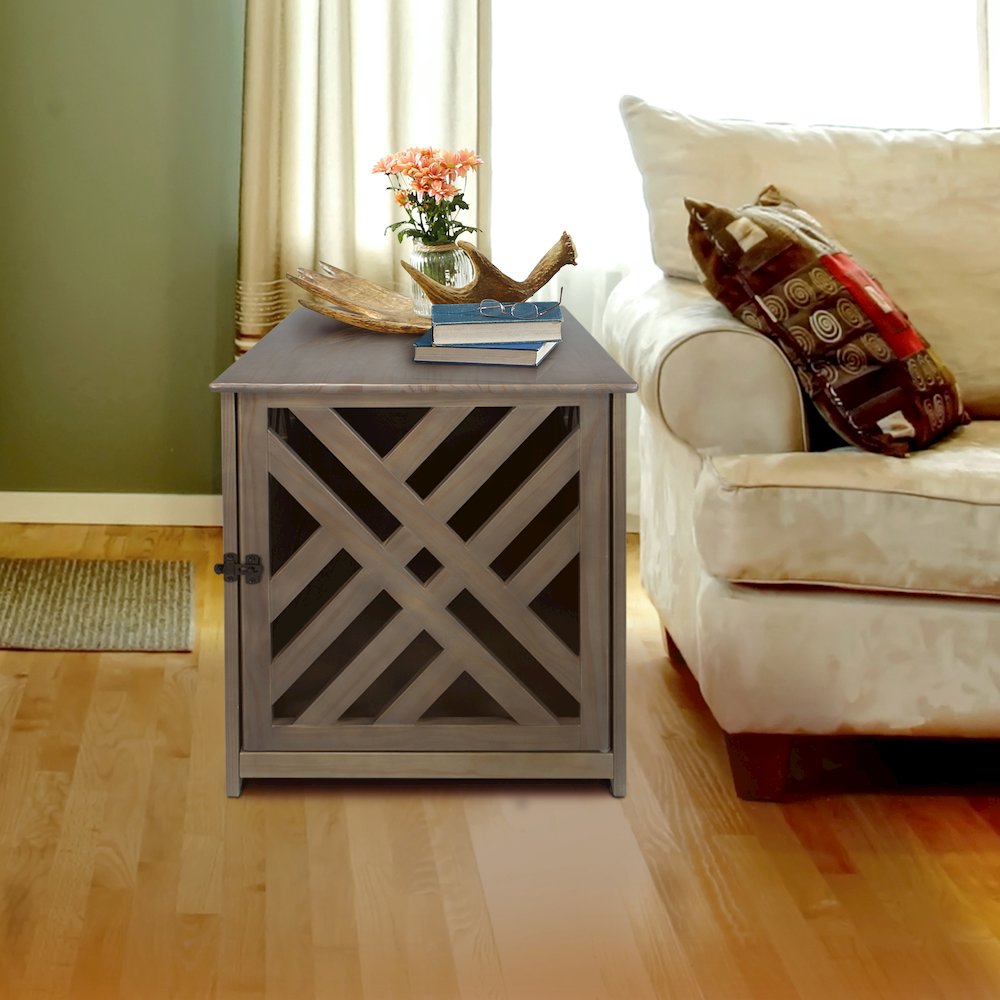 Modern Lattice Wooden Pet Crate End Table. Picture 9