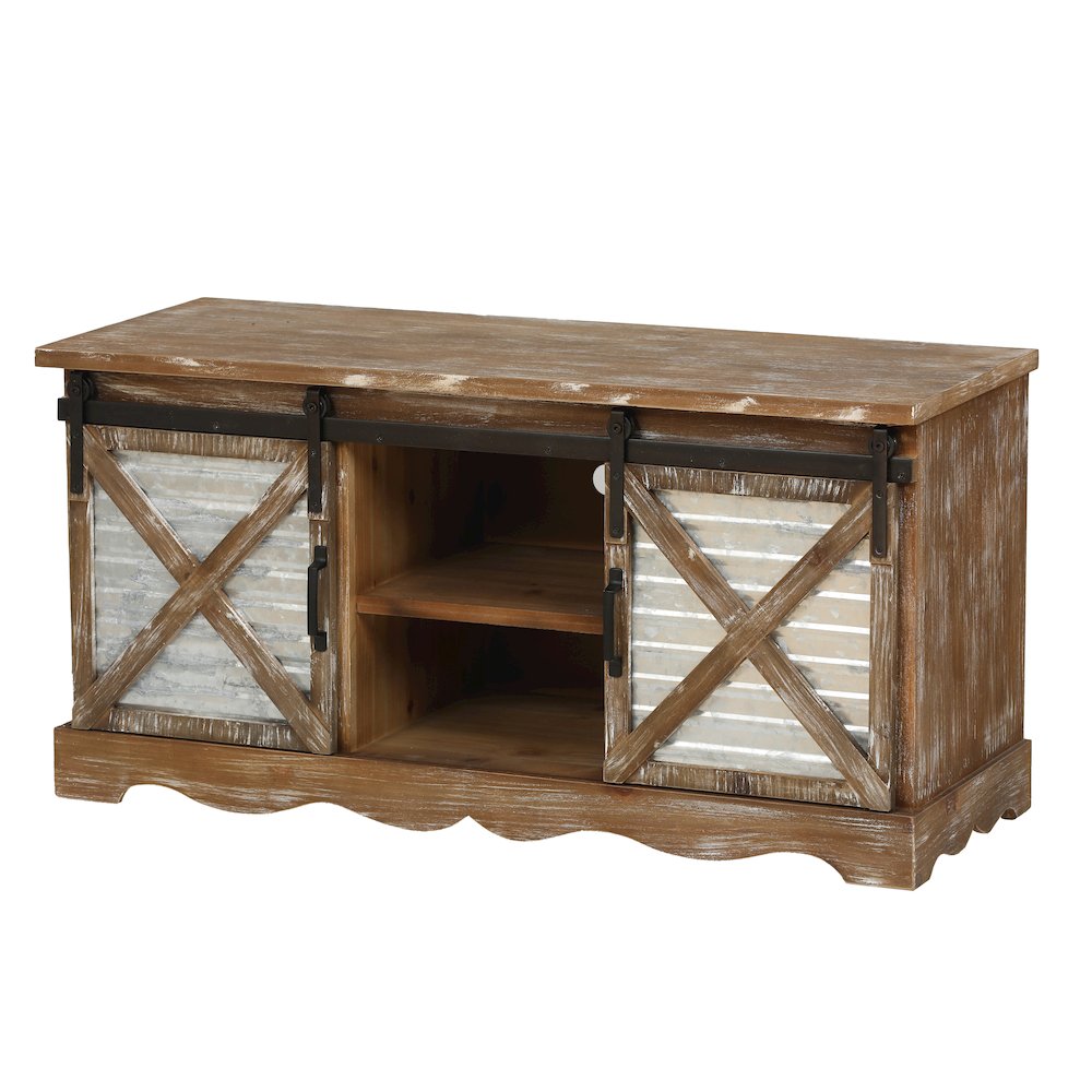 Farmhouse Sliding Doors Wood Storage TV Stand Bench. Picture 10