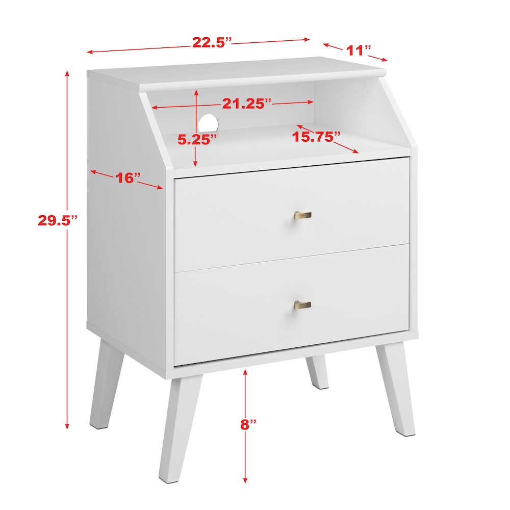 Milo 2 Drawer Night Stand with Angled Top, White. Picture 4