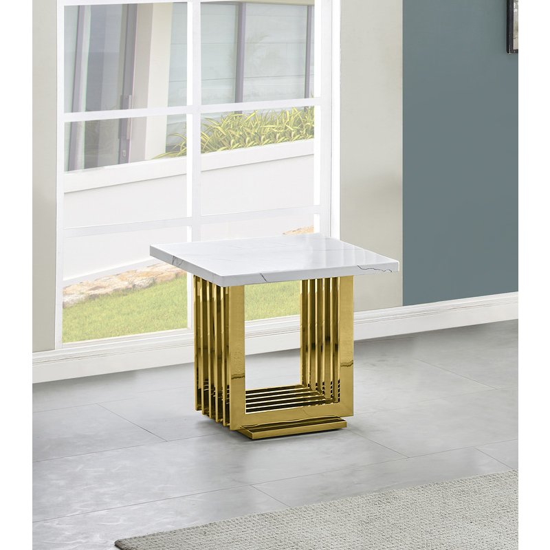 White marble top end table with gold color stainless steel base. Picture 4