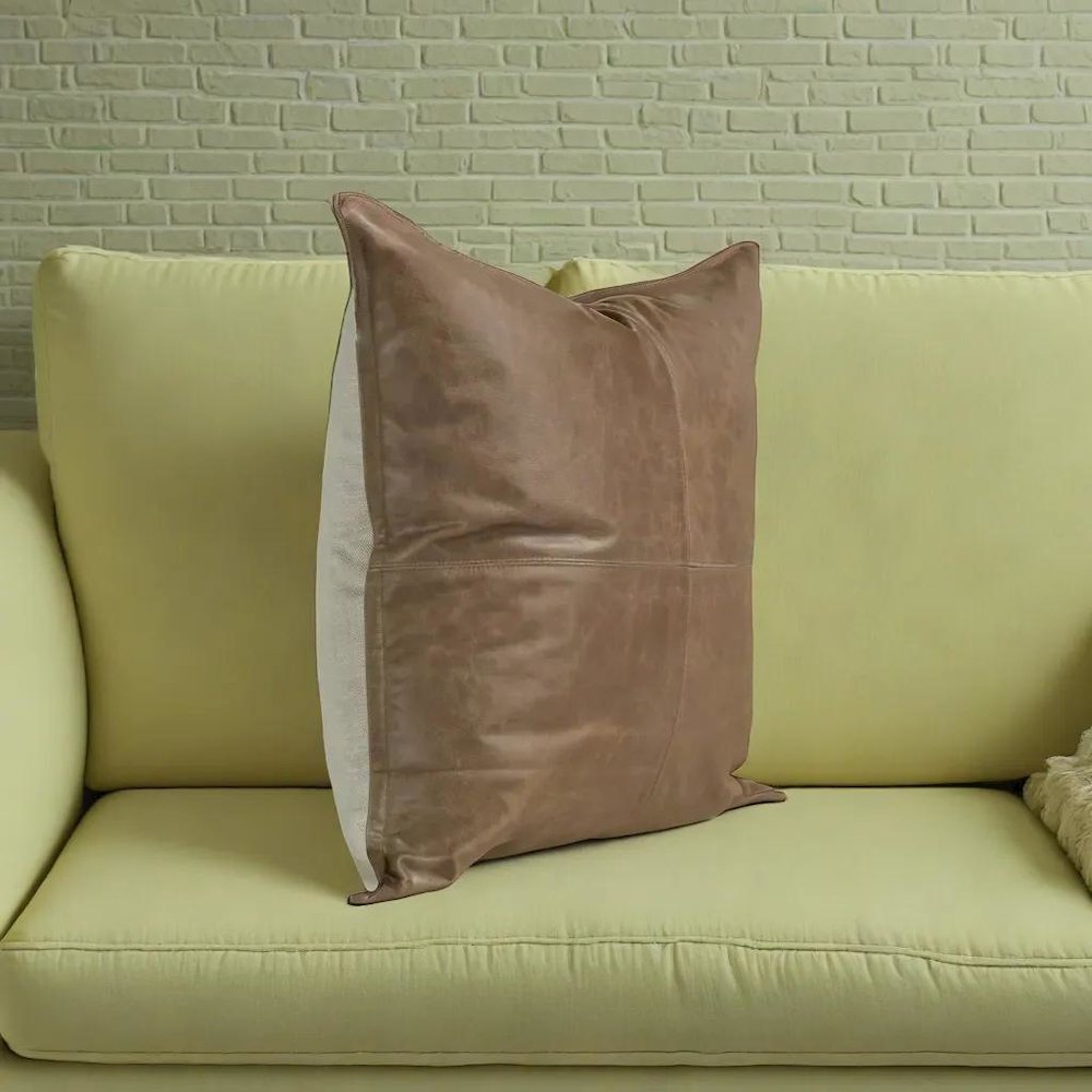 Cheyenne 100% Leather 22" Throw Pillow in Taupe. Picture 5