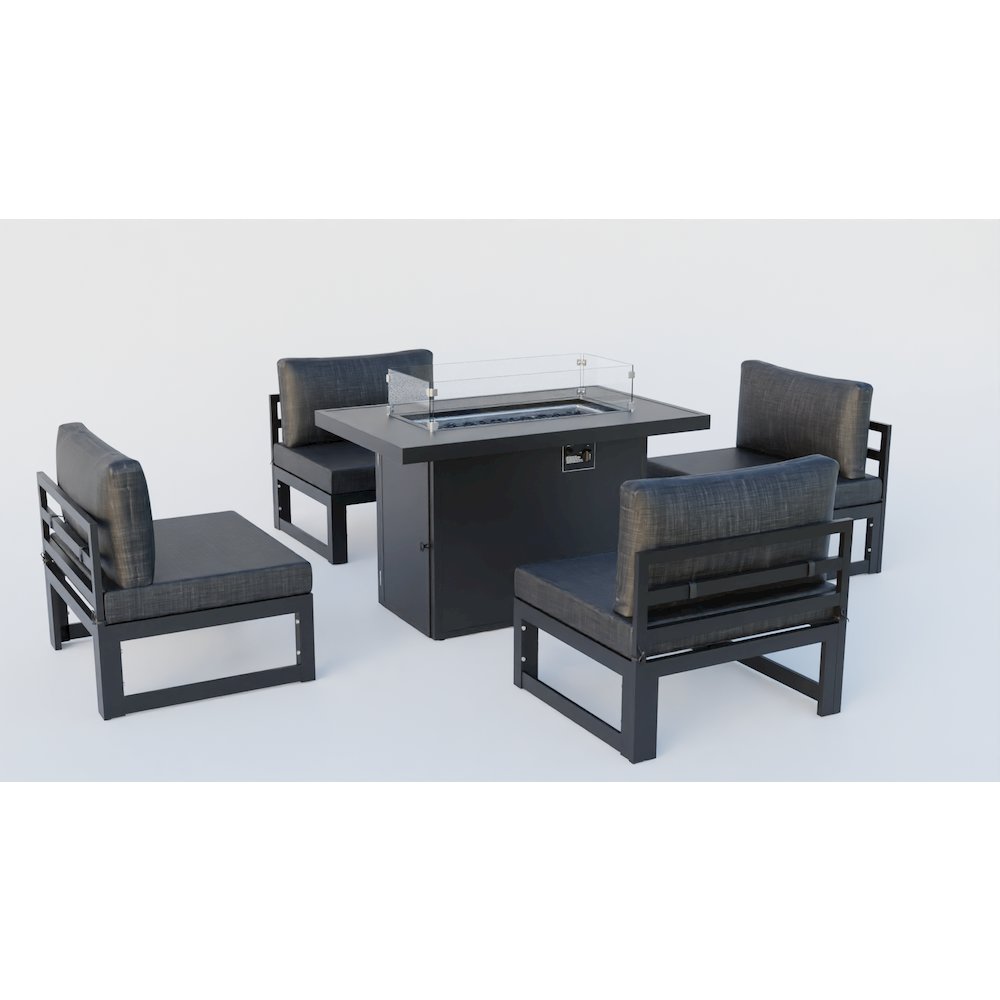LeisureMod Chelsea 5-Piece Middle Patio Chairs and Fire Pit Table Set With Cushions, Black. Picture 9