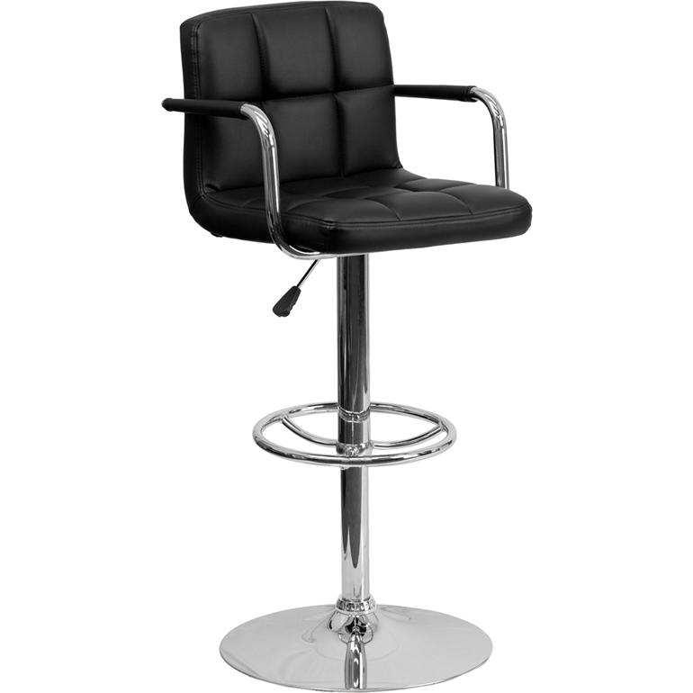 Black Quilted Vinyl Adjustable Height Barstool with Arms and Chrome Base. Picture 1