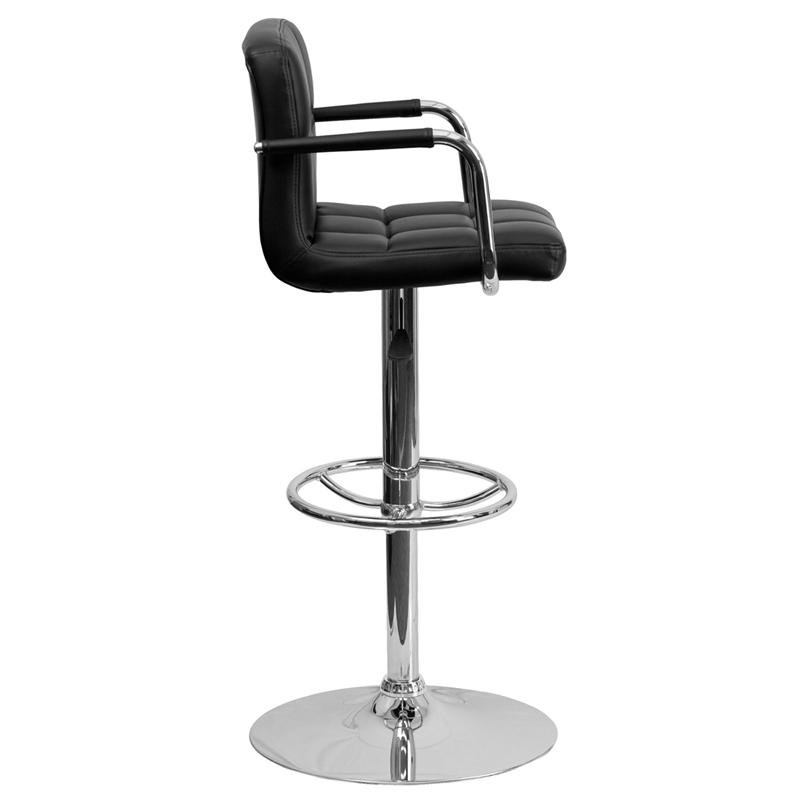 Black Quilted Vinyl Adjustable Height Barstool with Arms and Chrome Base. Picture 2
