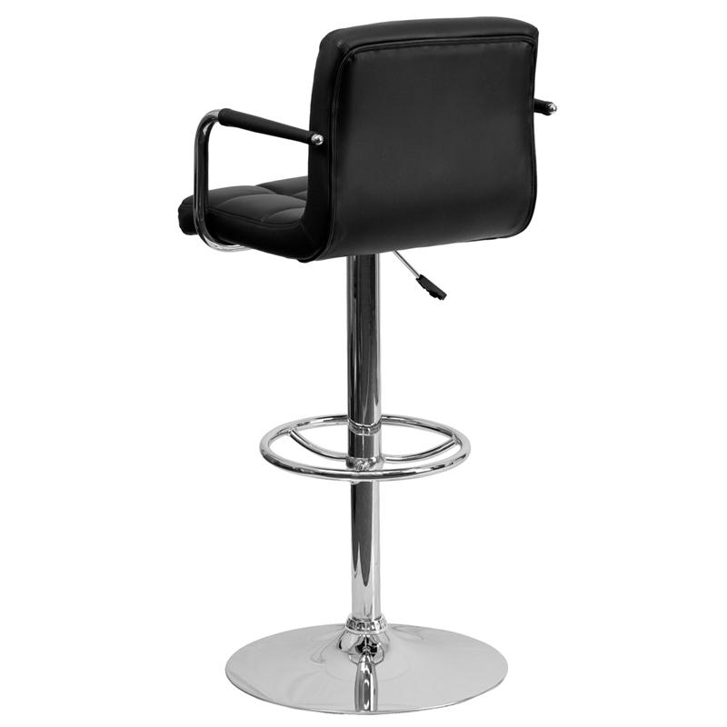 Black Quilted Vinyl Adjustable Height Barstool with Arms and Chrome Base. Picture 3