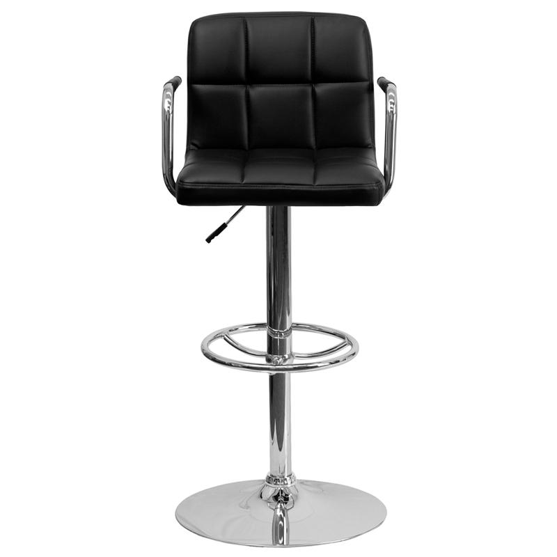 Black Quilted Vinyl Adjustable Height Barstool with Arms and Chrome Base. Picture 4