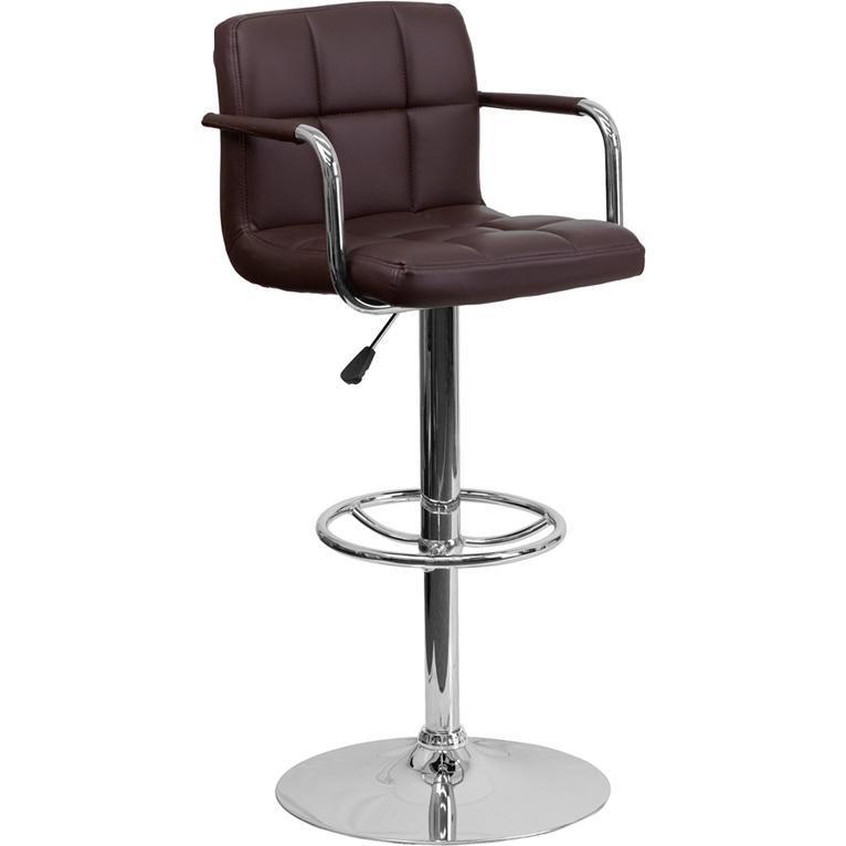 Contemporary Brown Quilted Vinyl Adjustable Height Barstool with Arms and Chrome Base. The main picture.
