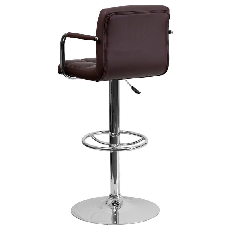 Contemporary Brown Quilted Vinyl Adjustable Height Barstool with Arms and Chrome Base. Picture 3