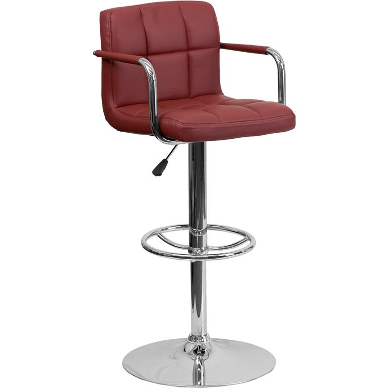 Contemporary Burgundy Quilted Vinyl Adjustable Height Barstool with Arms and Chrome Base. Picture 1