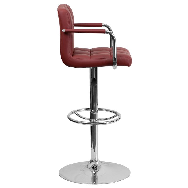 Contemporary Burgundy Quilted Vinyl Adjustable Height Barstool with Arms and Chrome Base. Picture 2