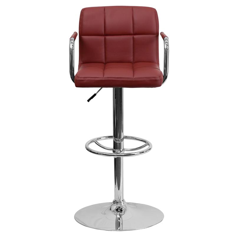 Burgundy Quilted Vinyl Adjustable Height Barstool with Arms and Chrome Base. Picture 4