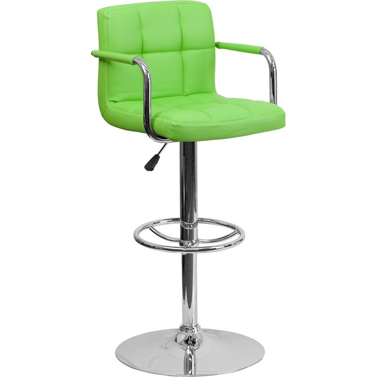 Contemporary Green Quilted Vinyl Adjustable Height Barstool with Arms and Chrome Base. Picture 1