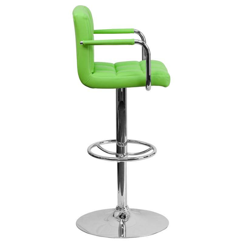 Contemporary Green Quilted Vinyl Adjustable Height Barstool with Arms and Chrome Base. Picture 2
