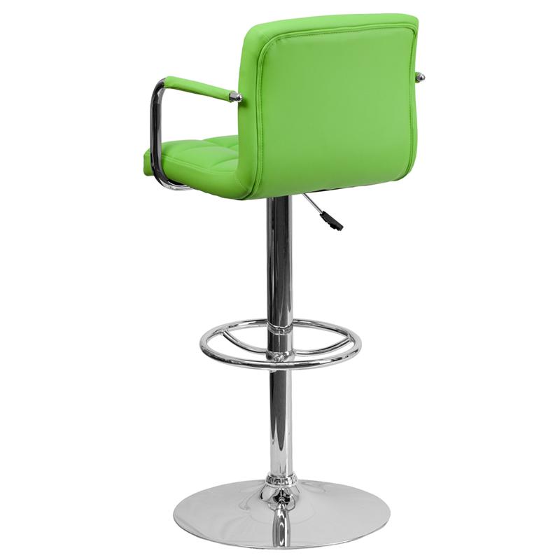 Contemporary Green Quilted Vinyl Adjustable Height Barstool with Arms and Chrome Base. Picture 3