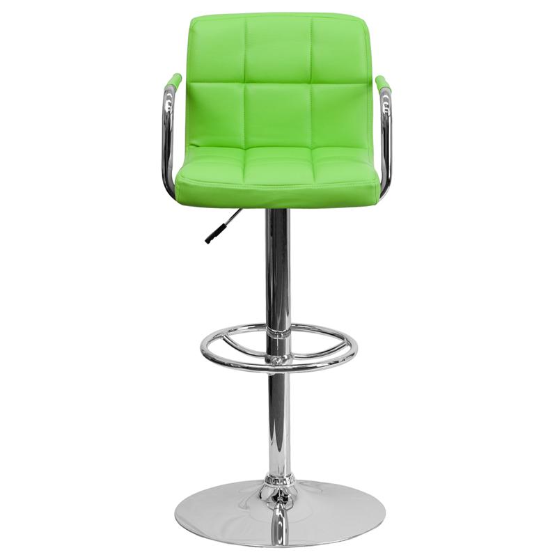 Contemporary Green Quilted Vinyl Adjustable Height Barstool with Arms and Chrome Base. Picture 4