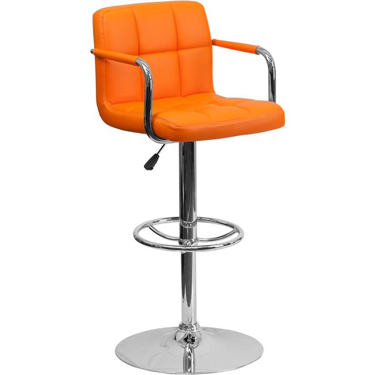 Orange Quilted Vinyl Adjustable Height Barstool with Arms and Chrome Base. Picture 1
