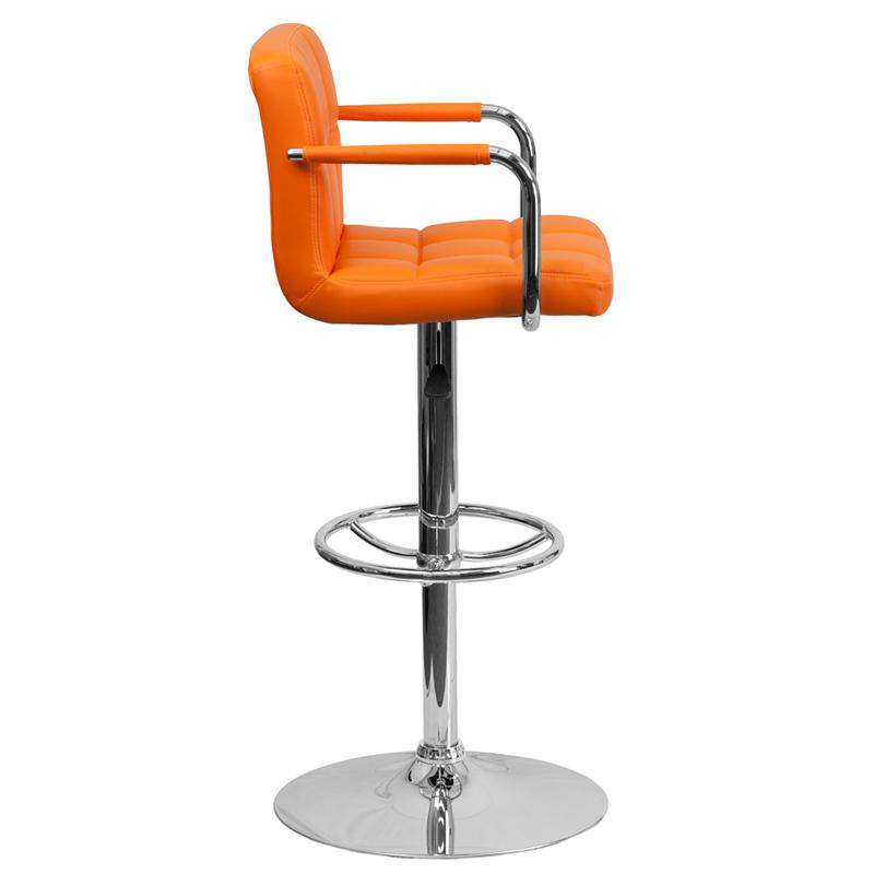 Orange Quilted Vinyl Adjustable Height Barstool with Arms and Chrome Base. Picture 2