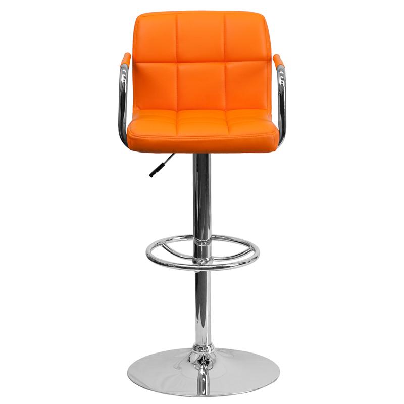 Orange Quilted Vinyl Adjustable Height Barstool with Arms and Chrome Base. Picture 4
