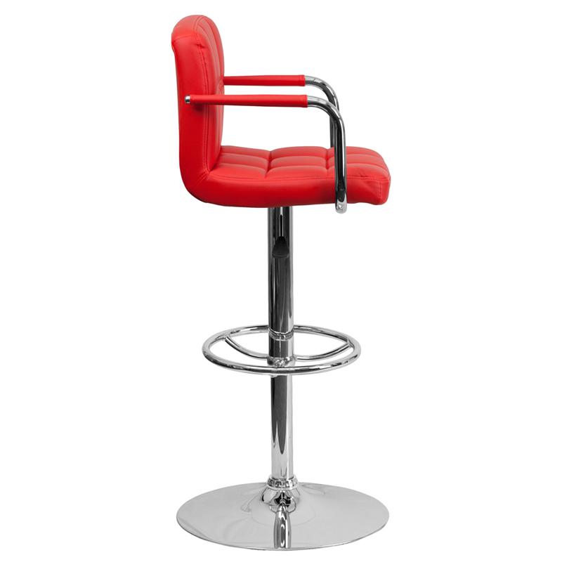 Contemporary Red Quilted Vinyl Adjustable Height Barstool with Arms and Chrome Base. Picture 2