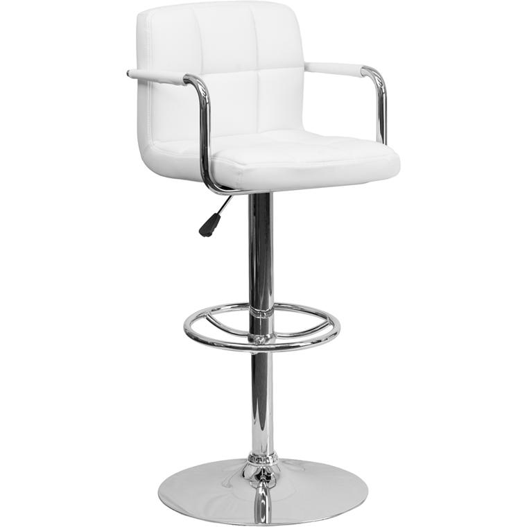 White Quilted Vinyl Adjustable Height Barstool with Arms and Chrome Base. Picture 1