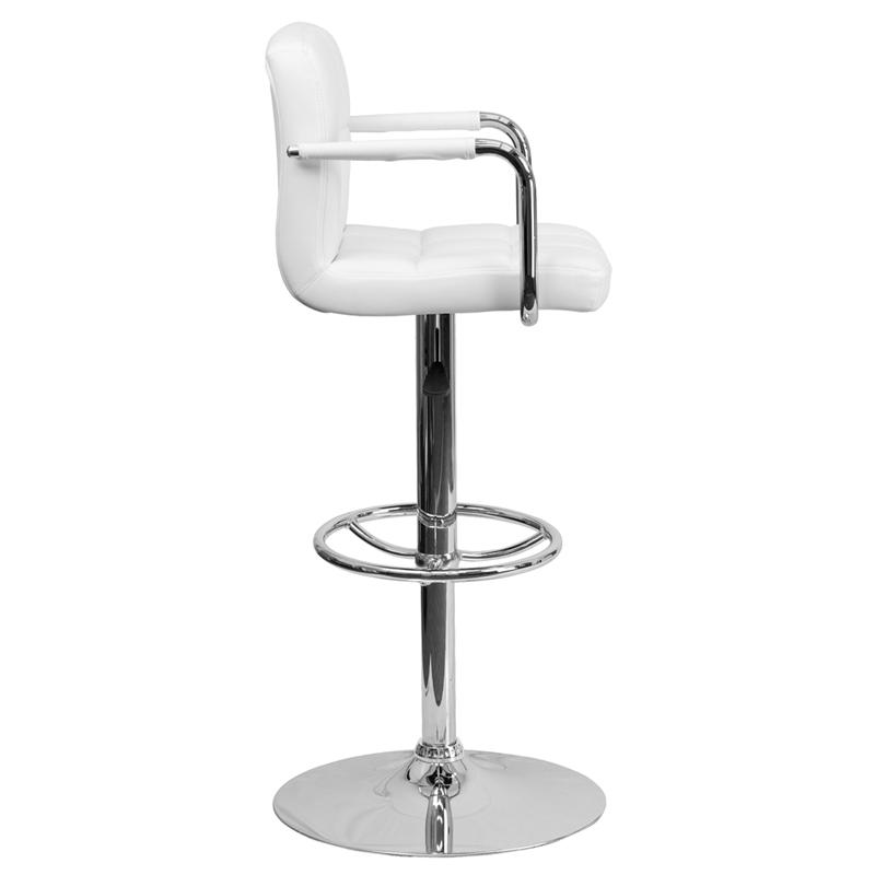 White Quilted Vinyl Adjustable Height Barstool with Arms and Chrome Base. Picture 2