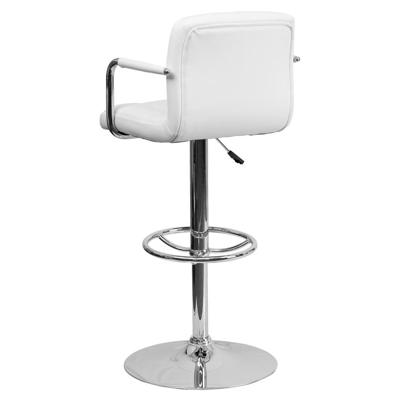 White Quilted Vinyl Adjustable Height Barstool with Arms and Chrome Base. Picture 3