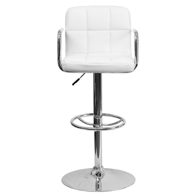 White Quilted Vinyl Adjustable Height Barstool with Arms and Chrome Base. Picture 4