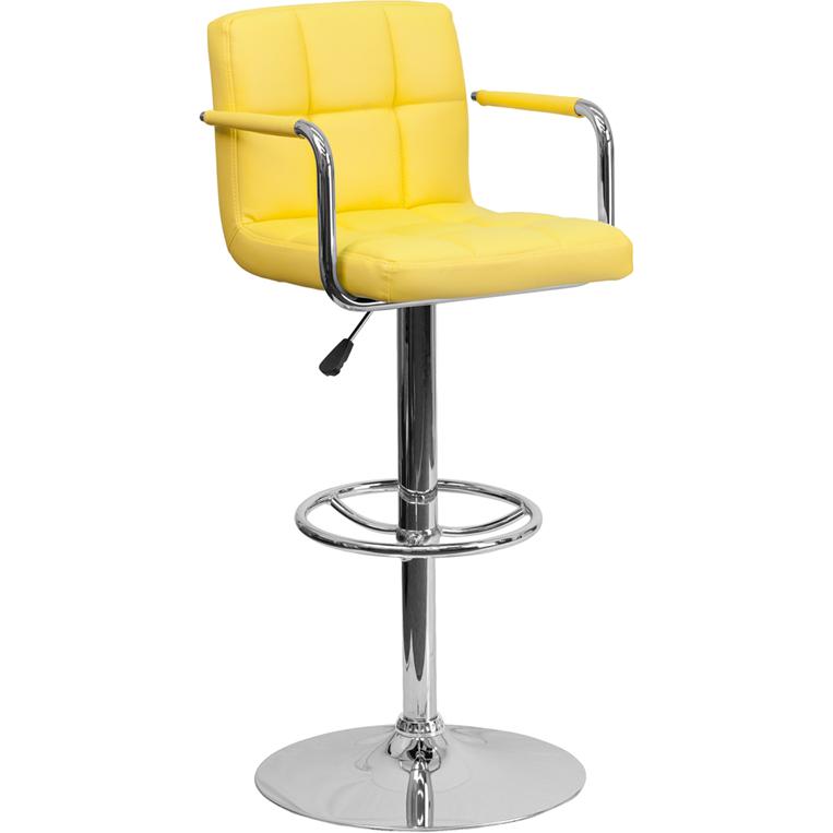 Yellow Quilted Vinyl Adjustable Height Barstool with Arms and Chrome Base. Picture 1