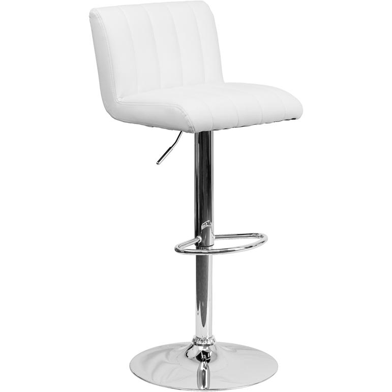 Contemporary White Vinyl Adjustable Height Barstool with Vertical Stitch Back/Seat and Chrome Base. Picture 1