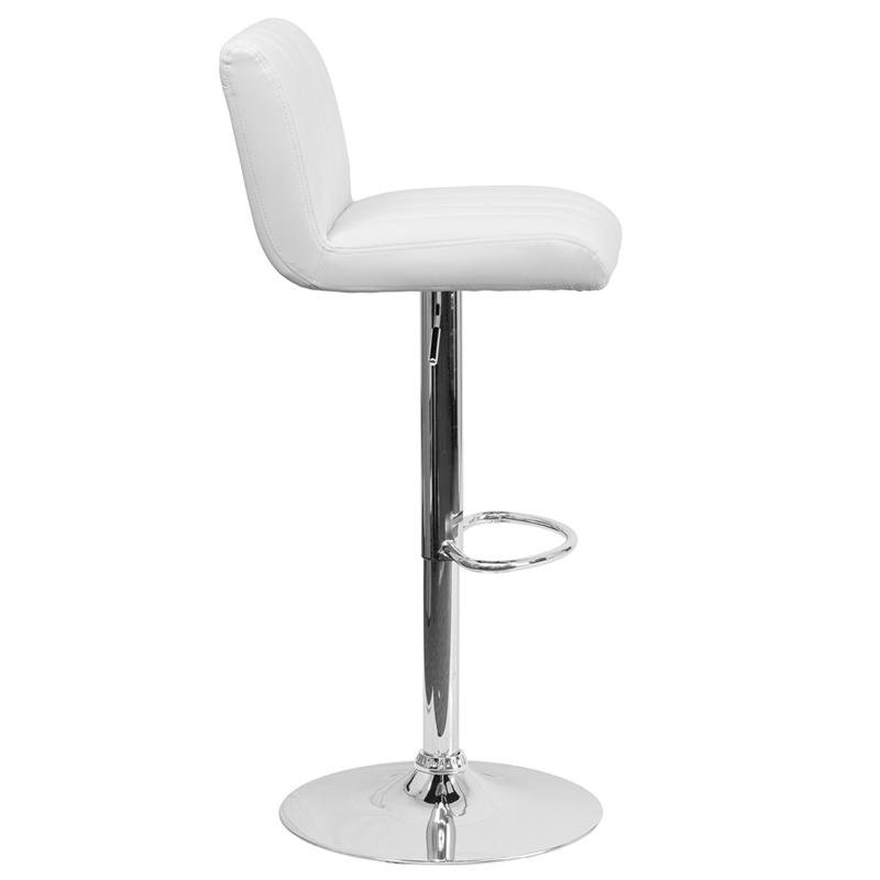 Contemporary White Vinyl Adjustable Height Barstool with Vertical Stitch Back/Seat and Chrome Base. Picture 2