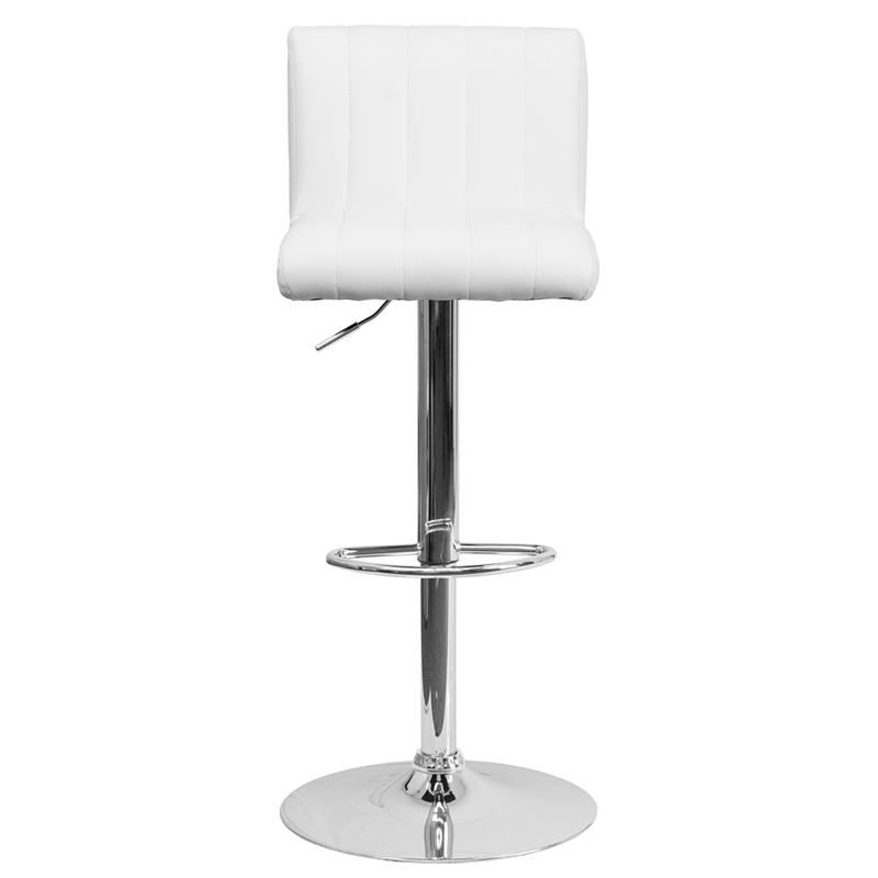 Contemporary White Vinyl Adjustable Height Barstool with Vertical Stitch Back/Seat and Chrome Base. Picture 4