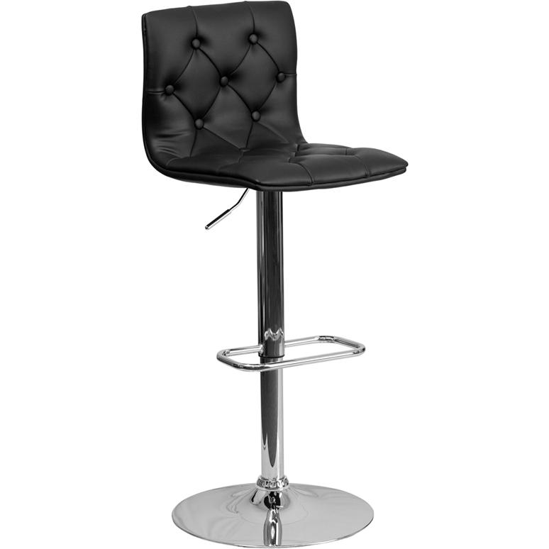 Contemporary Button Tufted Black Vinyl Adjustable Height Barstool with Chrome Base. Picture 1