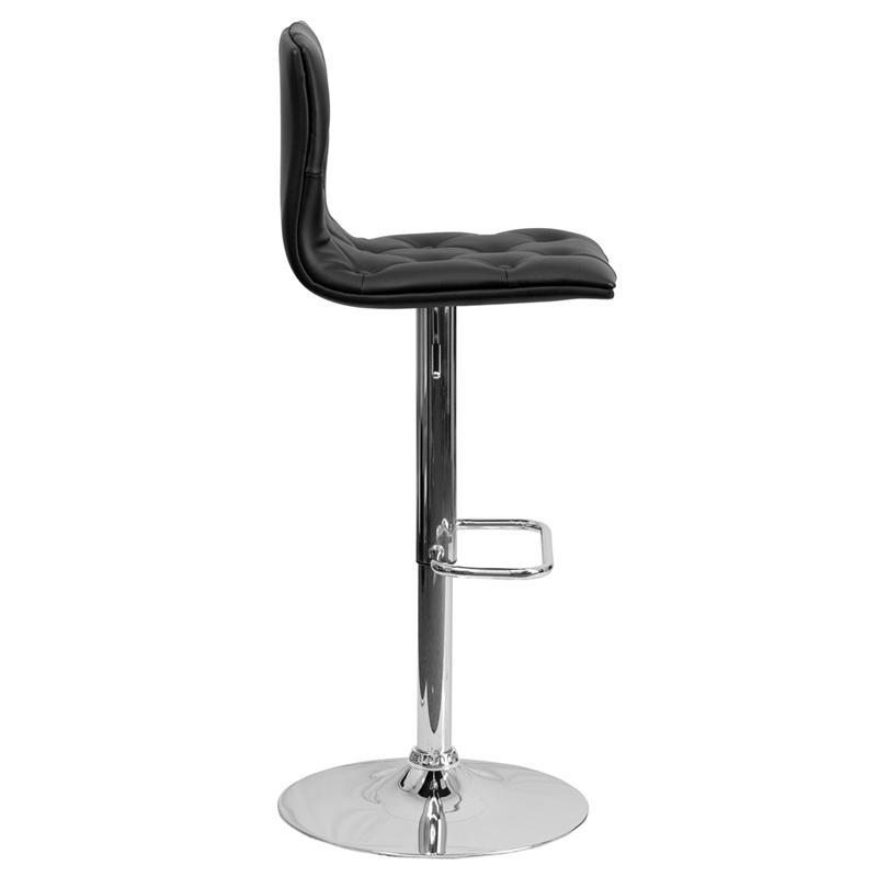 Contemporary Button Tufted Black Vinyl Adjustable Height Barstool with Chrome Base. Picture 2