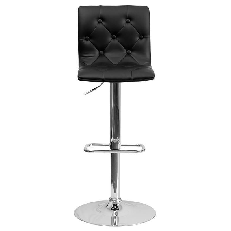 Contemporary Button Tufted Black Vinyl Adjustable Height Barstool with Chrome Base. Picture 4