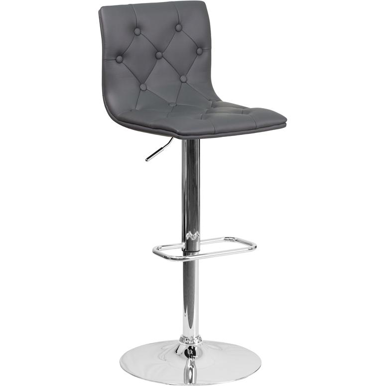 Button Tufted Gray Vinyl Adjustable Height Barstool with Chrome Base. Picture 1