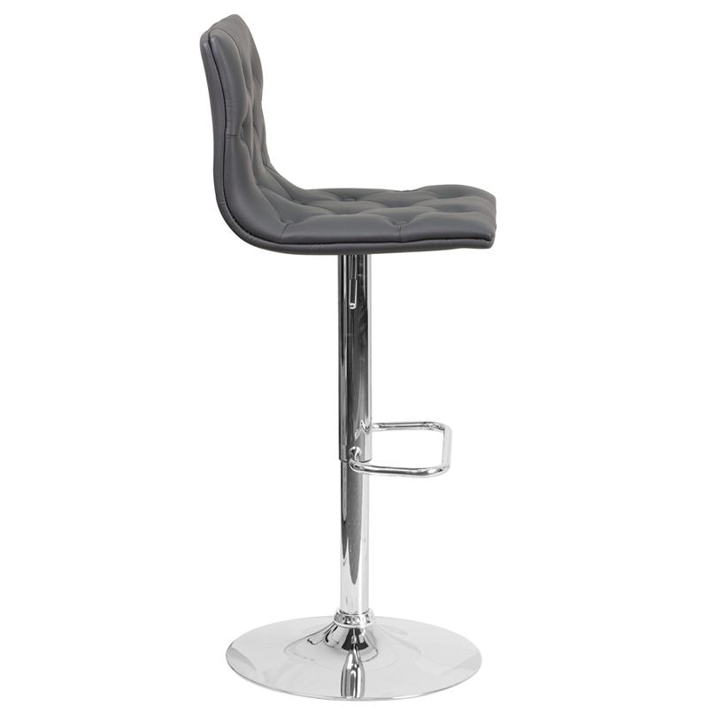 Button Tufted Gray Vinyl Adjustable Height Barstool with Chrome Base. Picture 2