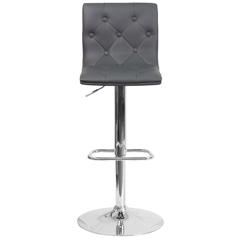 Contemporary Button Tufted Gray Vinyl Adjustable Height Barstool with Chrome Base. Picture 4