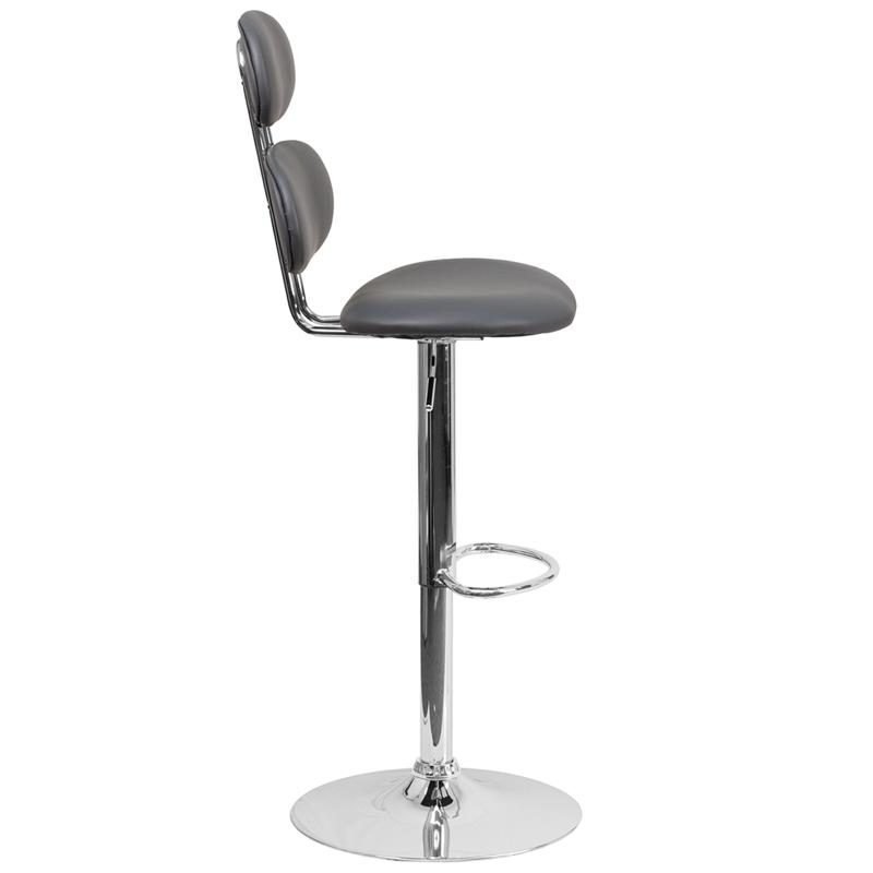 Contemporary Gray Vinyl Adjustable Height Barstool with Ellipse Back and Chrome Base. Picture 2