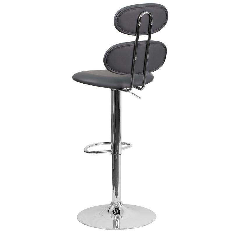 Contemporary Gray Vinyl Adjustable Height Barstool with Ellipse Back and Chrome Base. Picture 3
