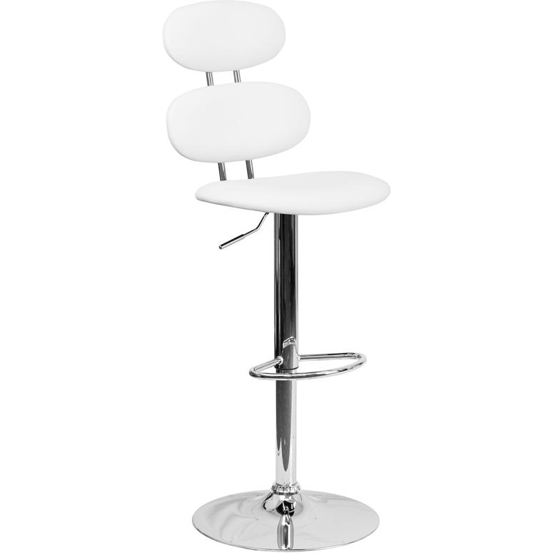Contemporary White Vinyl Adjustable Height Barstool with Ellipse Back and Chrome Base. The main picture.