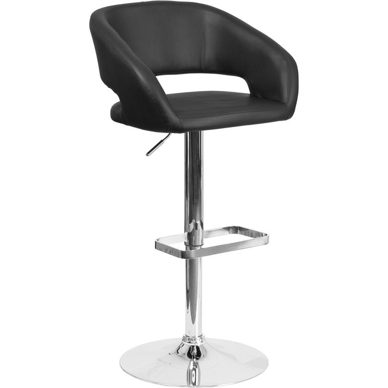 Black Vinyl Adjustable Height Barstool with Rounded Mid-Back and Chrome Base. Picture 1