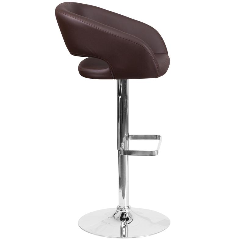 Contemporary Brown Vinyl Adjustable Height Barstool with Rounded Mid-Back and Chrome Base. Picture 2
