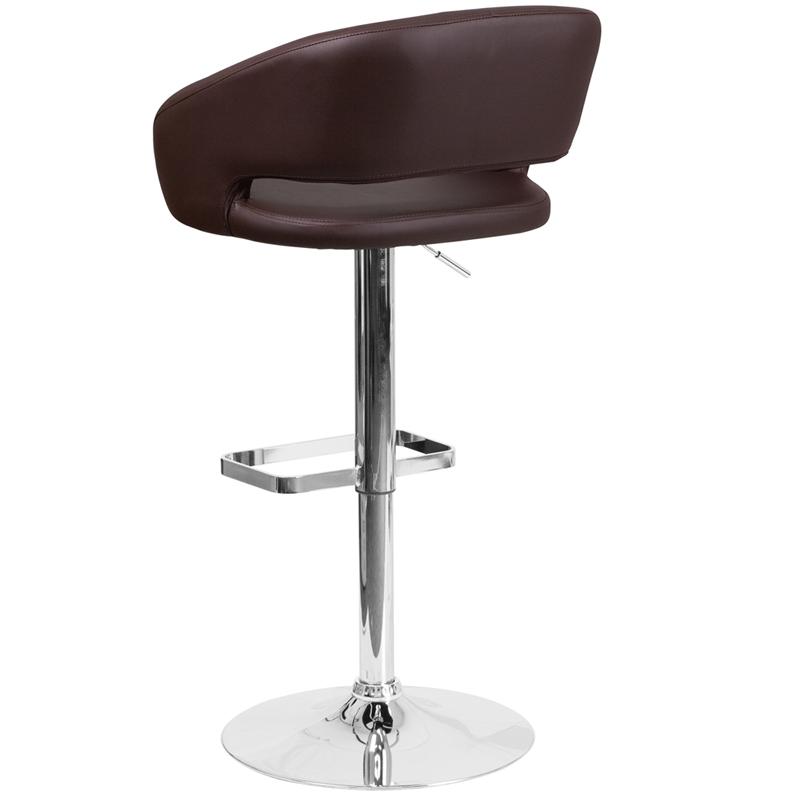 Contemporary Brown Vinyl Adjustable Height Barstool with Rounded Mid-Back and Chrome Base. Picture 3