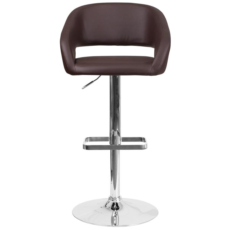 Contemporary Brown Vinyl Adjustable Height Barstool with Rounded Mid-Back and Chrome Base. Picture 4