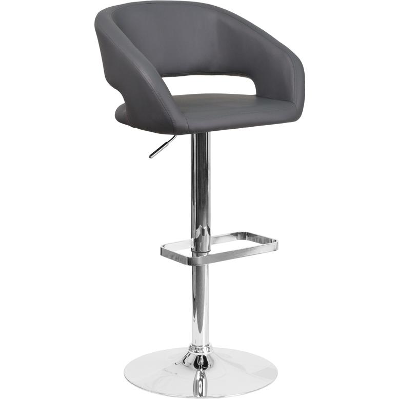 Gray Vinyl Adjustable Height Barstool with Rounded Mid-Back and Chrome Base. Picture 1